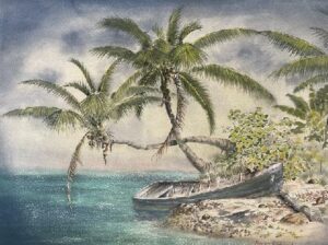 Tropical beach scene with rowboat & palms by Roger Eastwood.