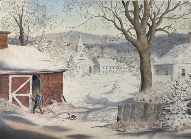 Town, Man & Dog Going in Barn in Snow by Roger Eastwood